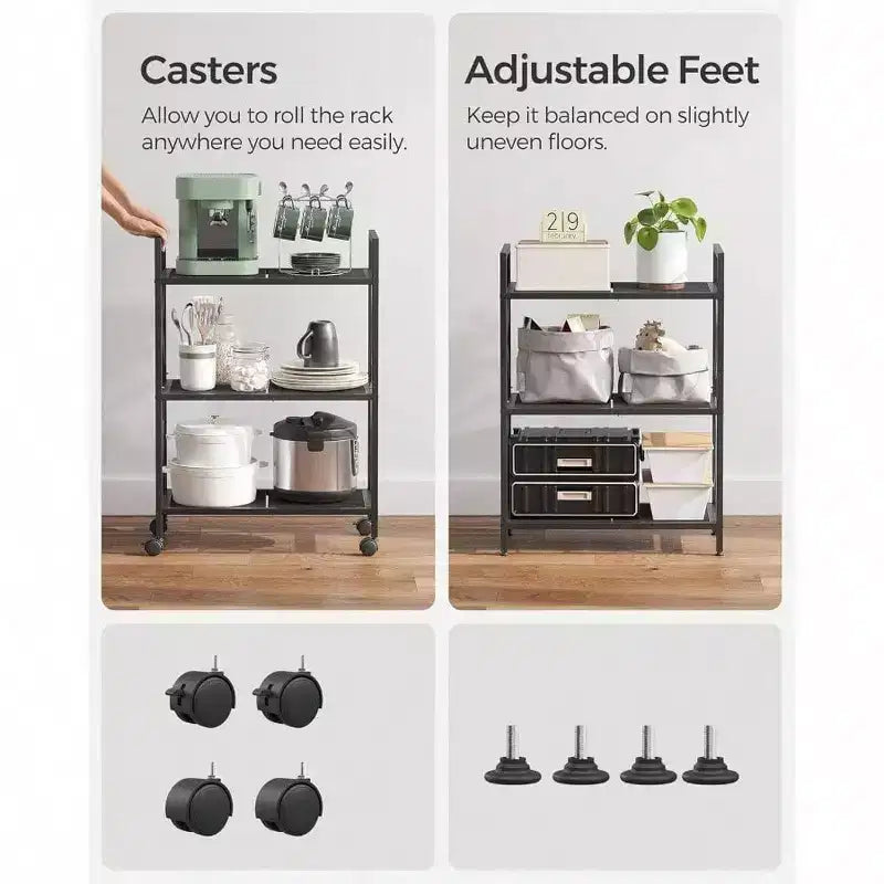 Estantería metálica de 3 niveles con ruedas, unidad de almacenamiento de malla, marcos laterales en X, 23.6 pulgadas de ancho, color negro, para entrada o cocina