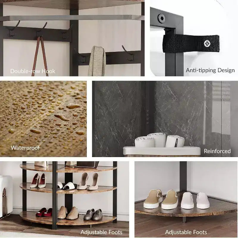 Perchero con 3 estantes de almacenamiento, 6 ganchos dobles y amplio estante de almacenamiento, perchero esquinero y perchero de piedra