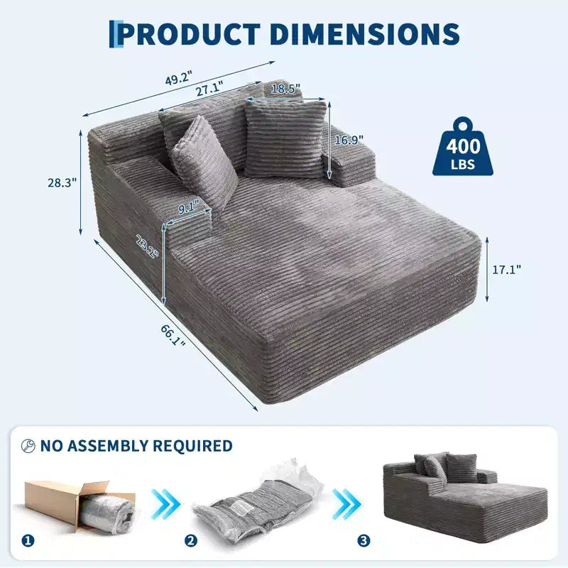 Sillón Chaise Lounge Grande 49", Sofá Cama Tapizado con 3 Almohadas, Sofá Individual sin Estructura para Sala de Estar Dormitorio, Gris