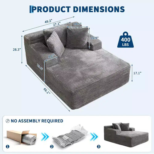 Sillón Chaise Lounge Grande 49", Sofá Cama Tapizado con 3 Almohadas, Sofá Individual sin Estructura para Sala de Estar Dormitorio, Gris