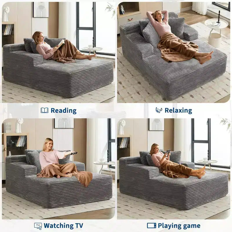 Sillón Chaise Lounge Grande 49", Sofá Cama Tapizado con 3 Almohadas, Sofá Individual sin Estructura para Sala de Estar Dormitorio, Gris