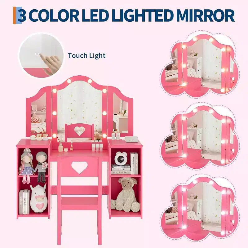 Juego de tocador infantil Garvee, escritorio y silla de maquillaje de princesa con luz táctil, espejo triple plegable desmontable, juego de tocador de juguete