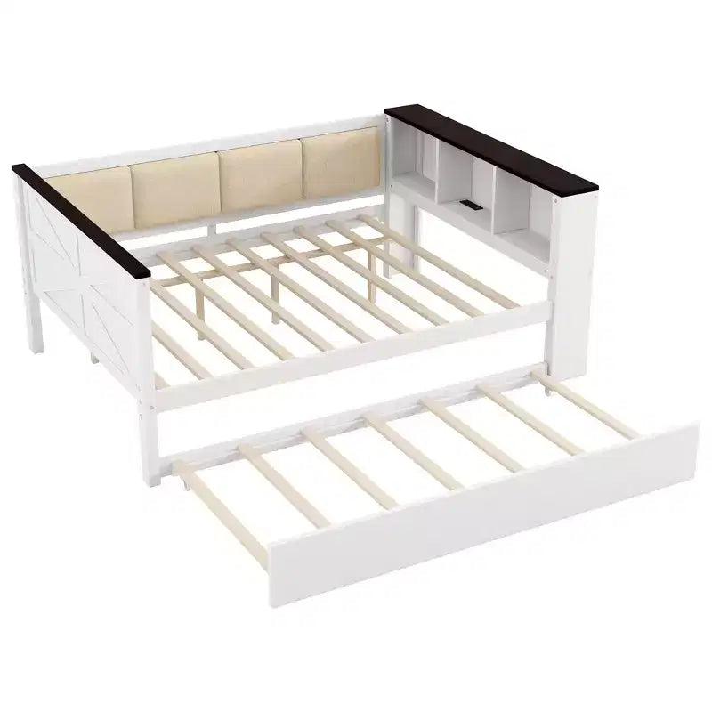 Cama de día de madera Gibson de GDFStudio con estantes de almacenamiento y respaldo tapizado