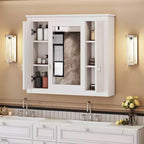 MAYEERTY 35 Armario de baño con botiquín con 5 estantes cerrados y ajustables Armario de almacenamiento de pared para baño con puertas de cristal blanco