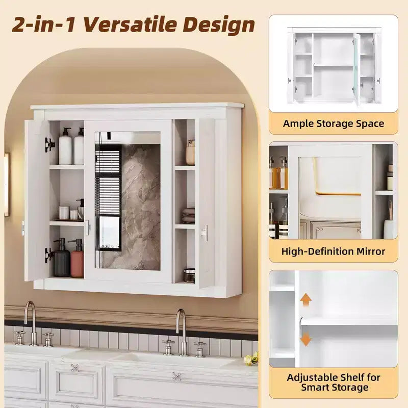 MAYEERTY 35 Armario de baño con botiquín con 5 estantes cerrados y ajustables Armario de almacenamiento de pared para baño con puertas de cristal blanco