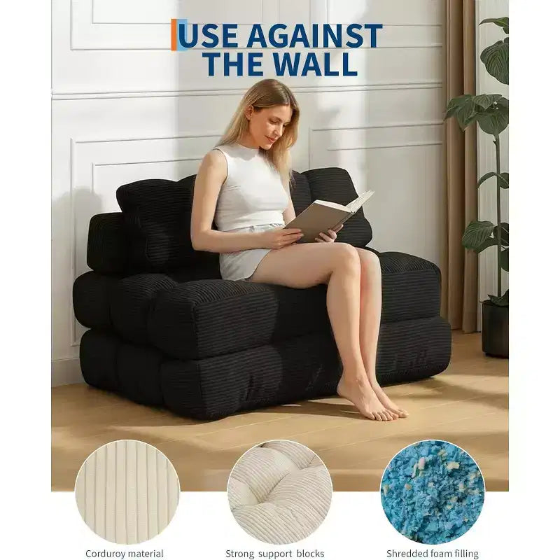 Sofá Cama Plegable 3 en 1, Sillón Cama Convertible con Almohada, Sillón Plegable Portátil, Cómodo Sofá de Suelo con Respaldo para Sala de Estar, Beige