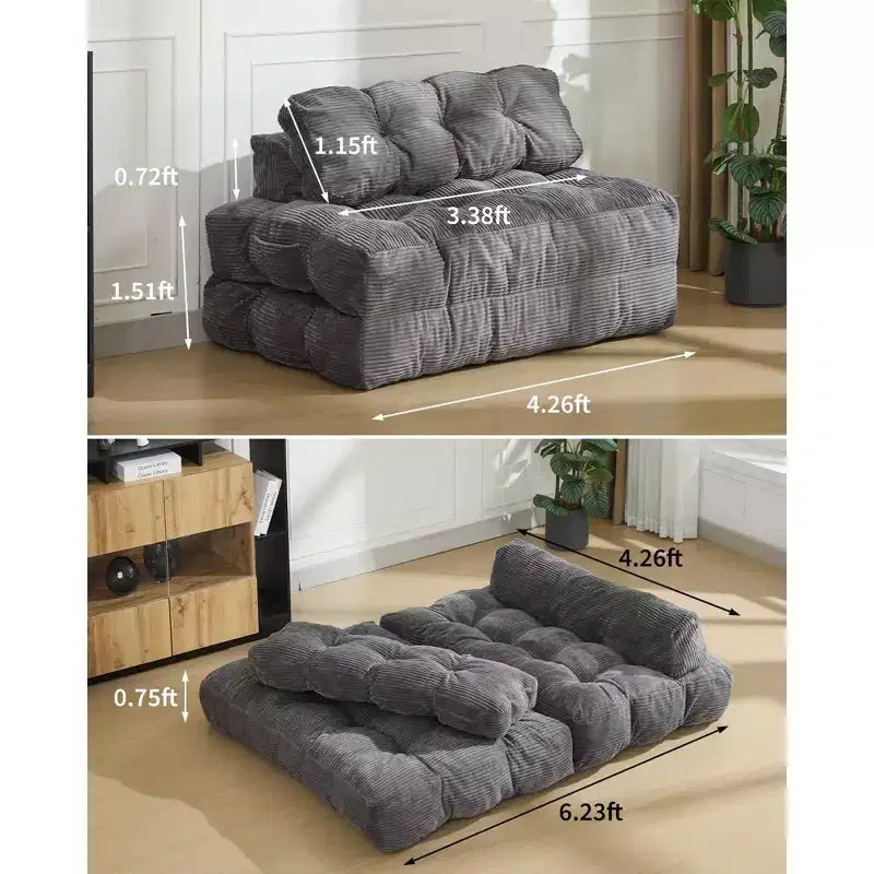 Sofá Cama Plegable 3 en 1, Sillón Cama Convertible con Almohada, Sillón Plegable Portátil, Cómodo Sofá de Suelo con Respaldo para Sala de Estar, Beige