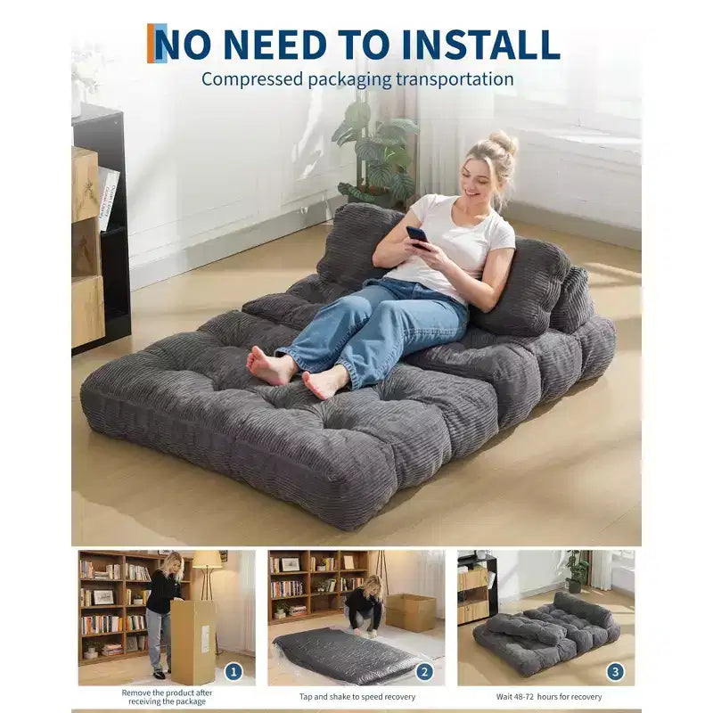 Sofá Cama Plegable 3 en 1, Sillón Cama Convertible con Almohada, Sillón Plegable Portátil, Cómodo Sofá de Suelo con Respaldo para Sala de Estar, Beige