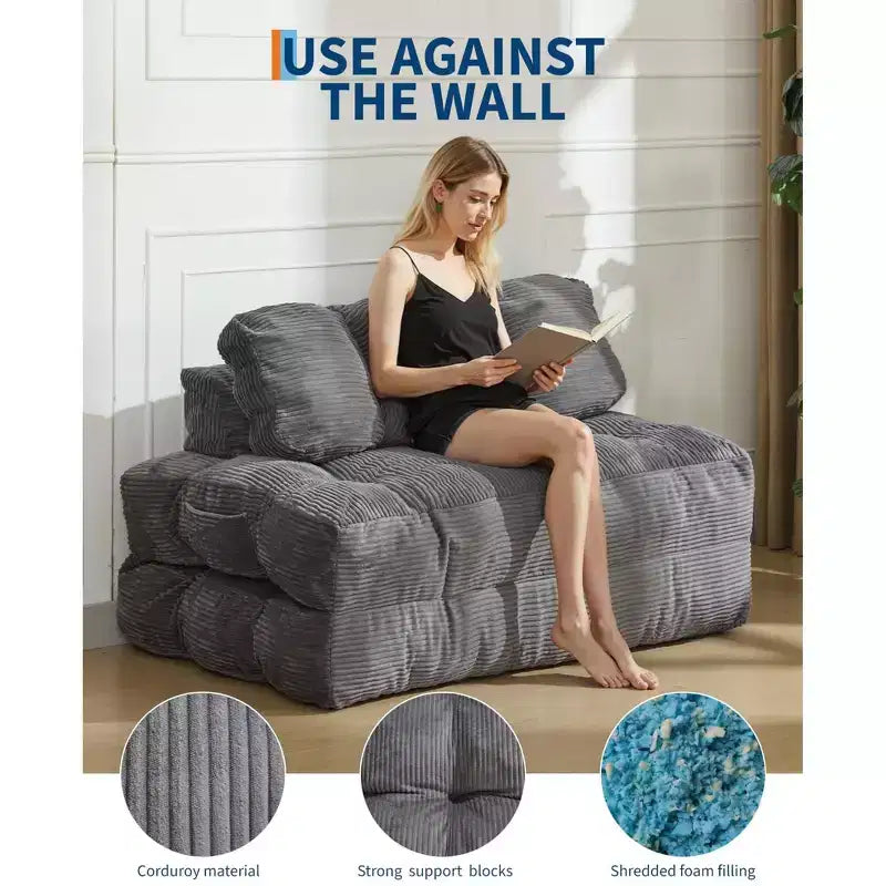 Sofá Cama Plegable 3 en 1, Sillón Cama Convertible con Almohada, Sillón Plegable Portátil, Cómodo Sofá de Suelo con Respaldo para Sala de Estar, Beige