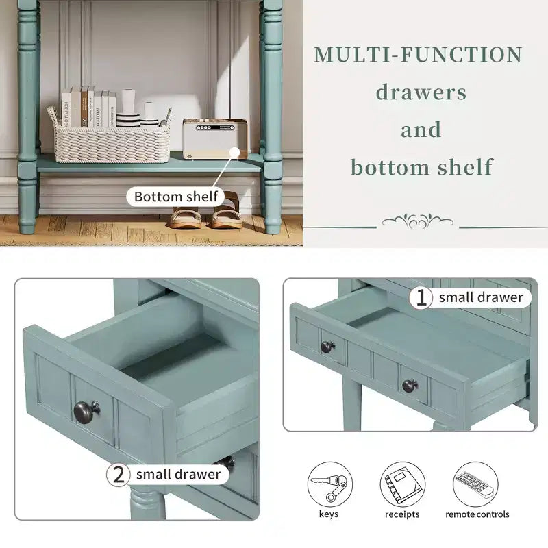 Mesa consola retro pequeña con cajones y estante inferior, mesa de entrada de madera estilo rústico con almacenamiento, mesa auxiliar delgada de madera para la entrada