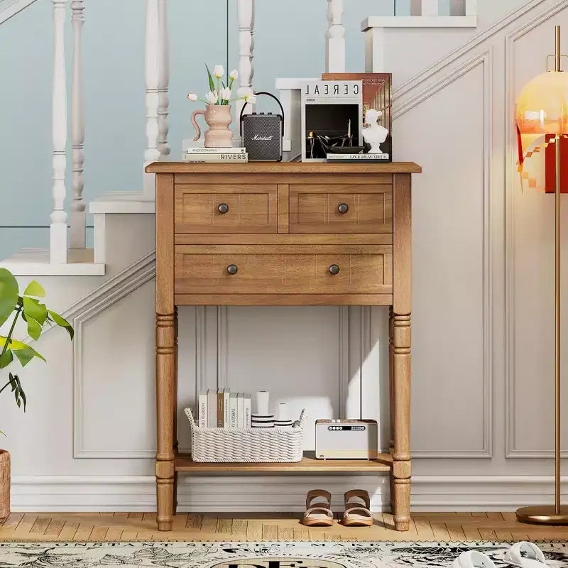 Mesa consola retro pequeña con cajones y estante inferior, mesa de entrada de madera estilo rústico con almacenamiento, mesa auxiliar delgada de madera para la entrada