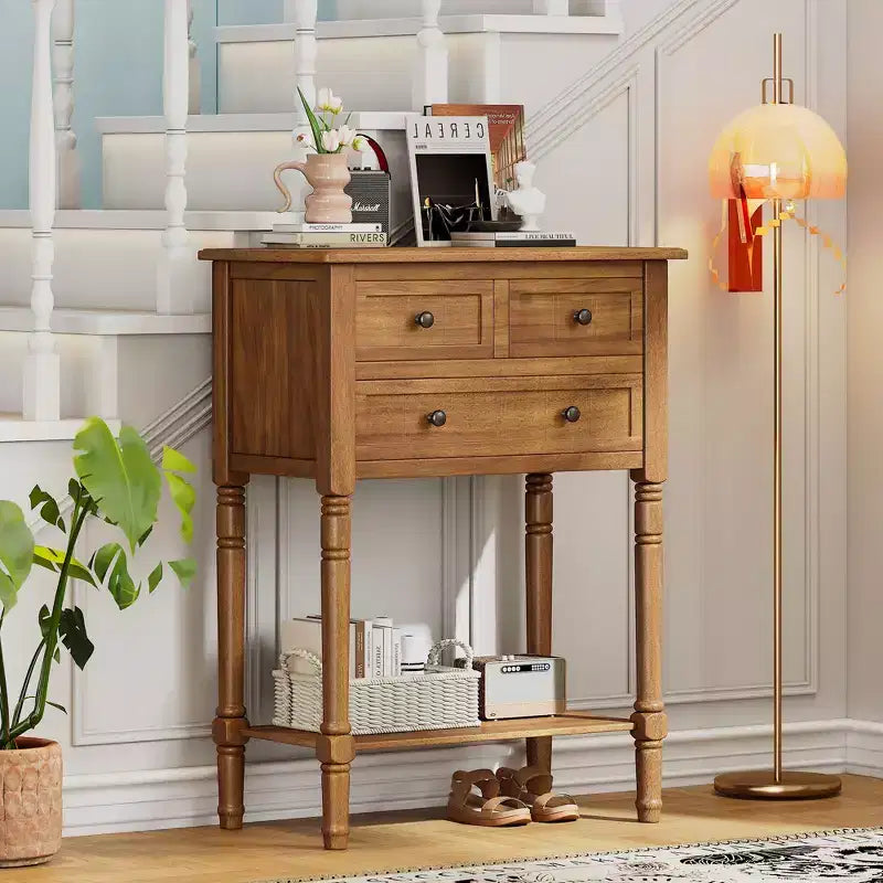 Mesa consola retro pequeña con cajones y estante inferior, mesa de entrada de madera estilo rústico con almacenamiento, mesa auxiliar delgada de madera para la entrada