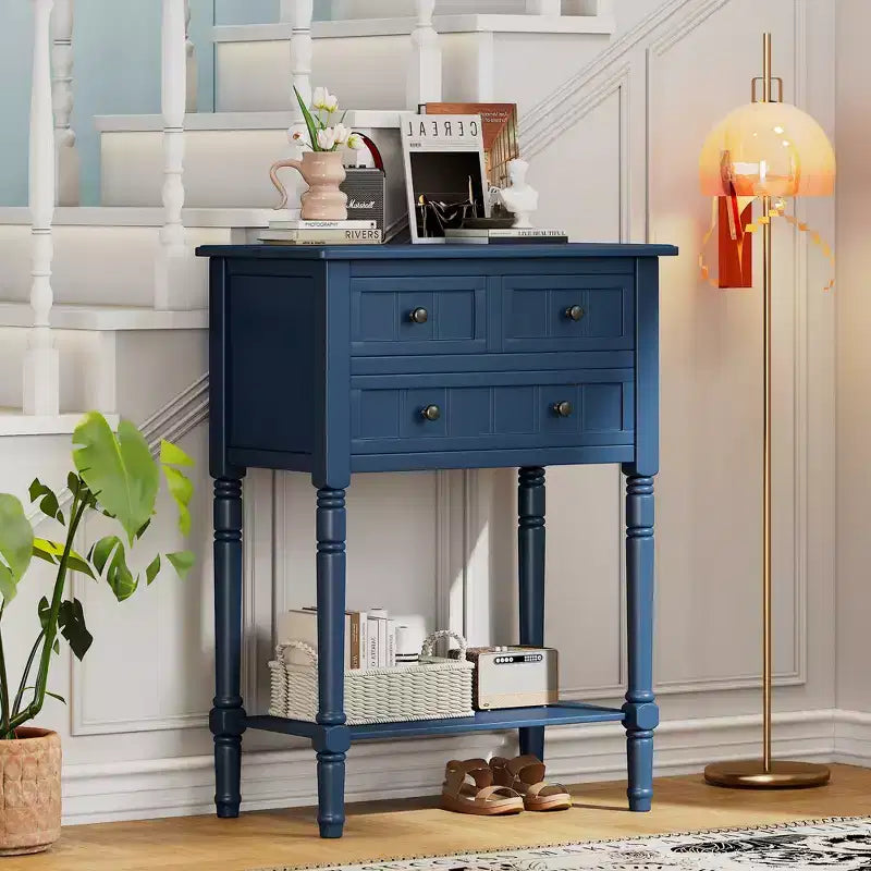 Mesa consola retro pequeña con cajones y estante inferior, mesa de entrada de madera estilo rústico con almacenamiento, mesa auxiliar delgada de madera para la entrada