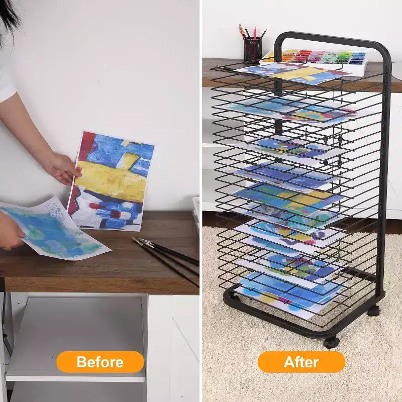 Caballete móvil para secado de arte COZONY, estantes de metal extraíbles, ruedas con bloqueo para aula, estudio, sala de manualidades