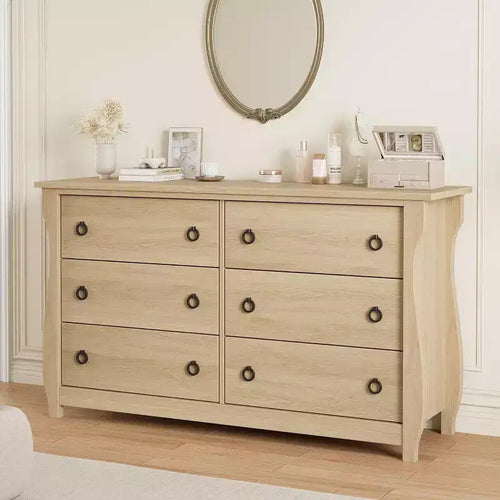 6-Drawer Dresser with Sliding Doors - Modern Freestanding Storage Cabinet for Bedroom or Living Room, Wide Design
