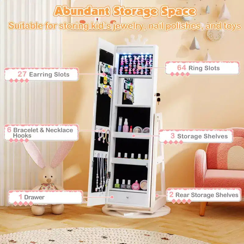 Armario giratorio de Costway para joyas de niños con luces, espejo de cuerpo entero y espejo incorporado