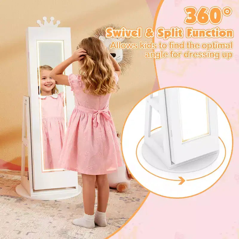 Armario giratorio de Costway para joyas de niños con luces, espejo de cuerpo entero y espejo incorporado