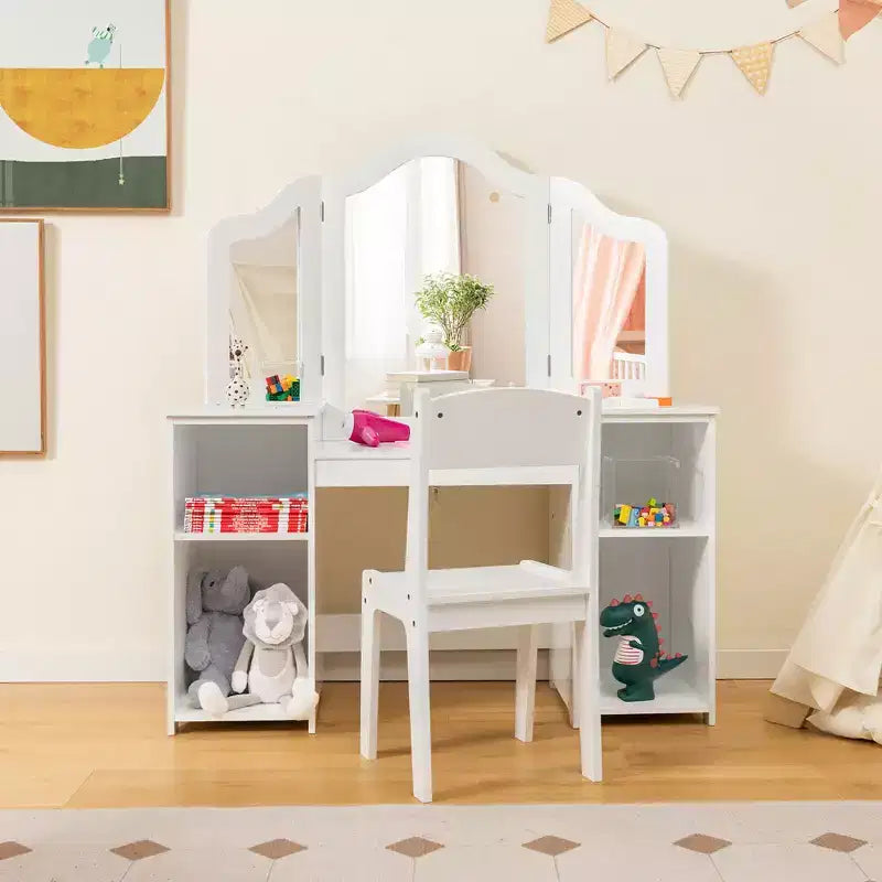 Tocador Costway para niños, tocador de maquillaje de princesa 2 en 1 con silla y espejo triple seguro