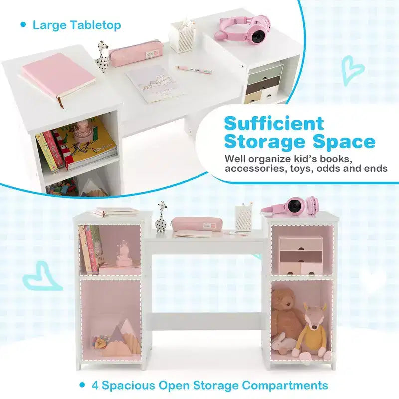 Tocador Costway para niños, tocador de maquillaje de princesa 2 en 1 con silla y espejo triple seguro