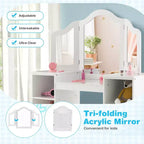 Tocador Costway para niños, tocador de maquillaje de princesa 2 en 1 con silla y espejo triple seguro
