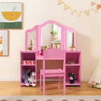 Tocador Costway para niños, tocador de maquillaje de princesa 2 en 1 con silla y espejo triple seguro