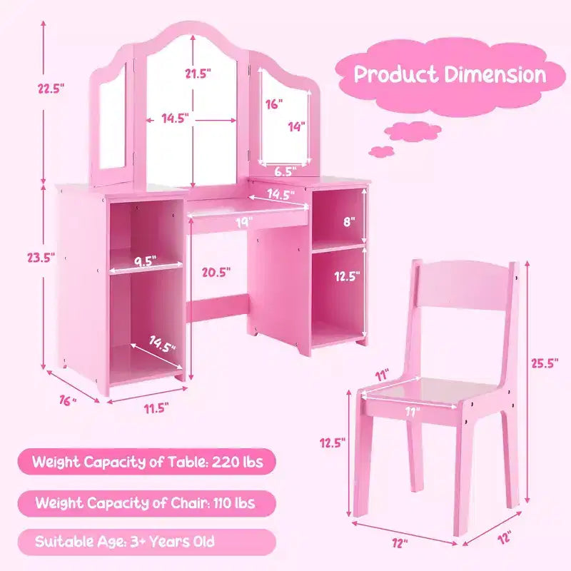 Tocador Costway para niños, tocador de maquillaje de princesa 2 en 1 con silla y espejo triple seguro