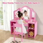 Tocador Costway para niños, tocador de maquillaje de princesa 2 en 1 con silla y espejo triple seguro