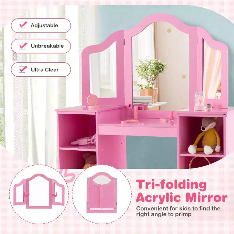 Tocador Costway para niños, tocador de maquillaje de princesa 2 en 1 con silla y espejo triple seguro