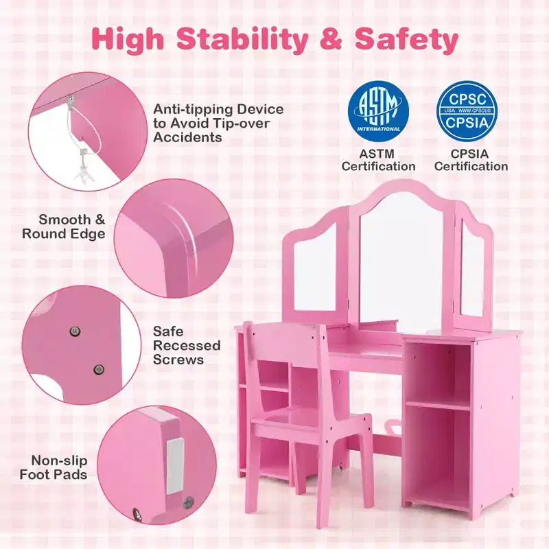Tocador Costway para niños, tocador de maquillaje de princesa 2 en 1 con silla y espejo triple seguro