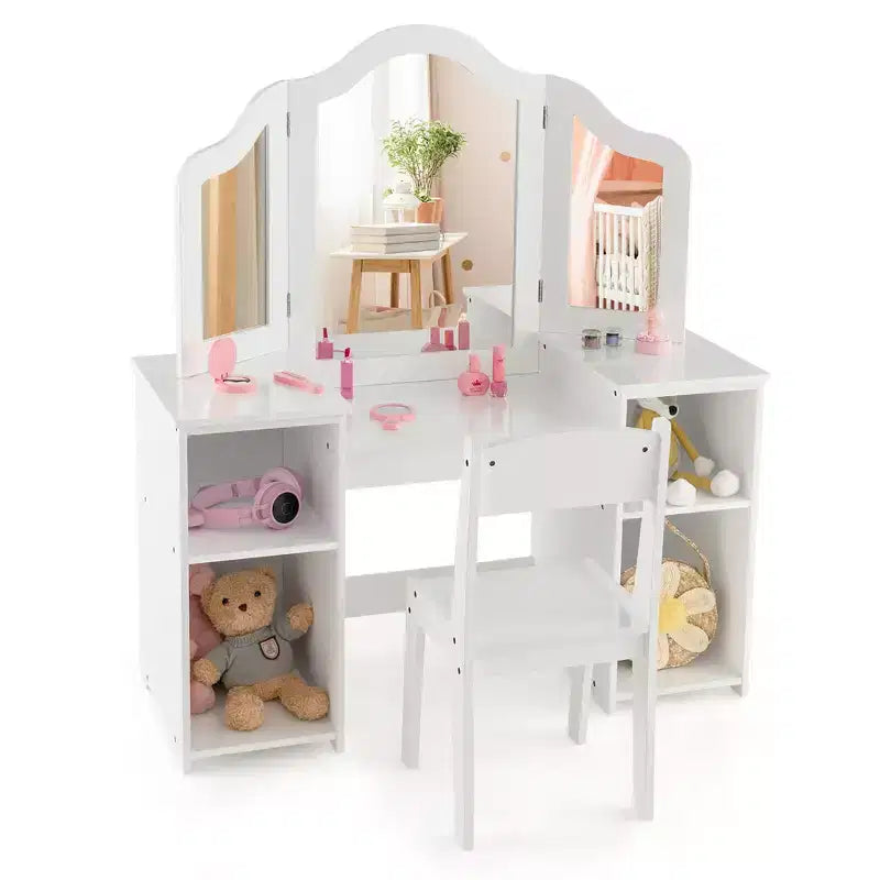 Tocador Costway para niños, tocador de maquillaje de princesa 2 en 1 con silla y espejo triple seguro
