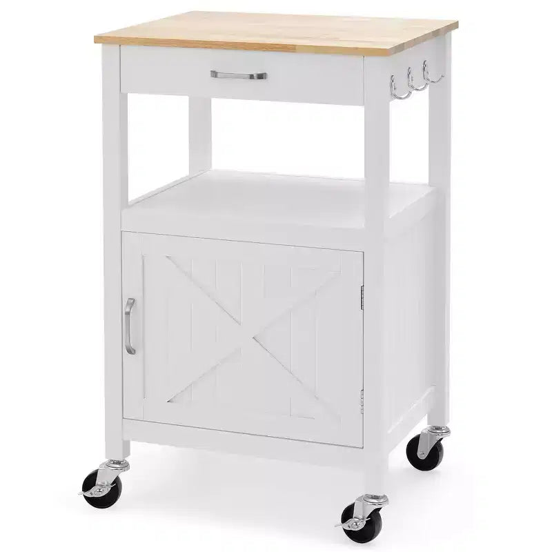 Costway Isla de cocina pequeña con ruedas, carrito móvil, puerta de granero, cajón y ganchos