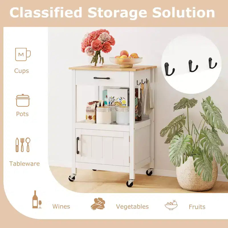 Costway Isla de cocina pequeña con ruedas, carrito móvil, puerta de granero, cajón y ganchos