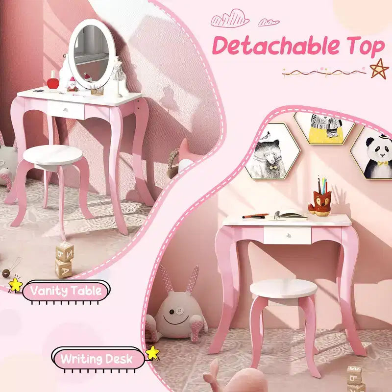 Costway Set de tocador de juguete para niños, mesa de maquillaje 2 en 1 con espejo y pizarra