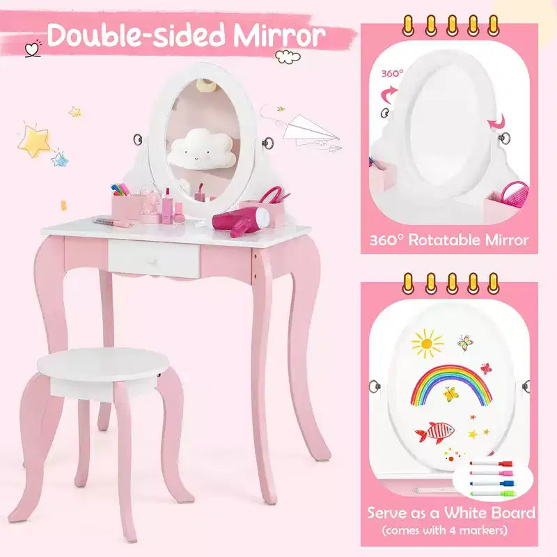 Costway Set de tocador de juguete para niños, mesa de maquillaje 2 en 1 con espejo y pizarra