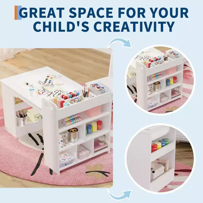 Mesa de arte con 2 sillas, escritorio de actividades de madera para manualidades con estantes grandes de almacenamiento para escribir y dibujar, blanco