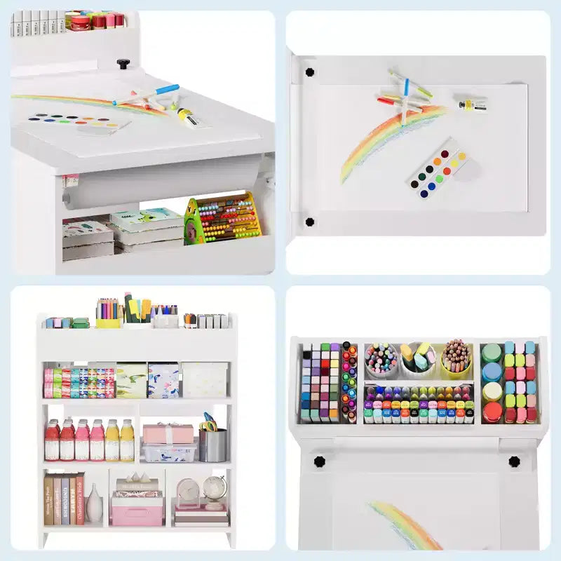 Mesa de arte con 2 sillas, escritorio de actividades de madera para manualidades con estantes grandes de almacenamiento para escribir y dibujar, blanco