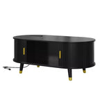 Mueble de TV estilo rústico con mesa de centro para televisores de 80 pulgadas, Mueble de TV acanalado con puerta corredera, Centro de entretenimiento ovalado con patas de madera