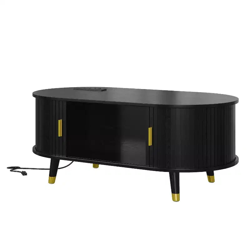 Mueble de TV estilo rústico con mesa de centro para televisores de 80 pulgadas, Mueble de TV acanalado con puerta corredera, Centro de entretenimiento ovalado con patas de madera