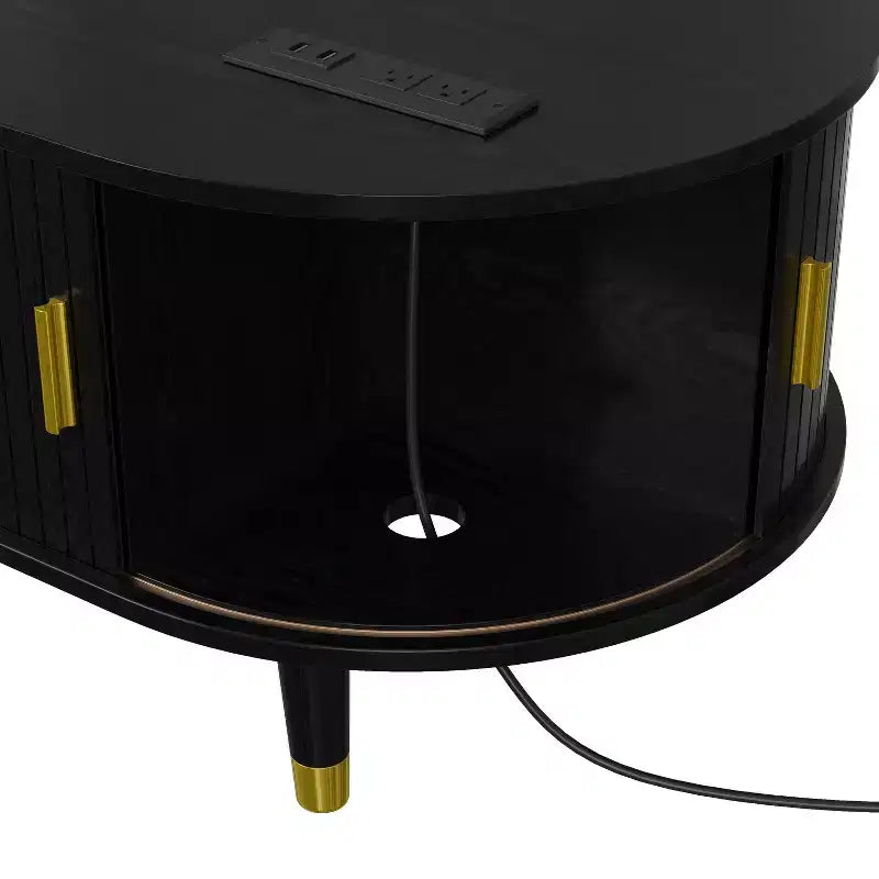 Mueble de TV estilo rústico con mesa de centro para televisores de 80 pulgadas, Mueble de TV acanalado con puerta corredera, Centro de entretenimiento ovalado con patas de madera