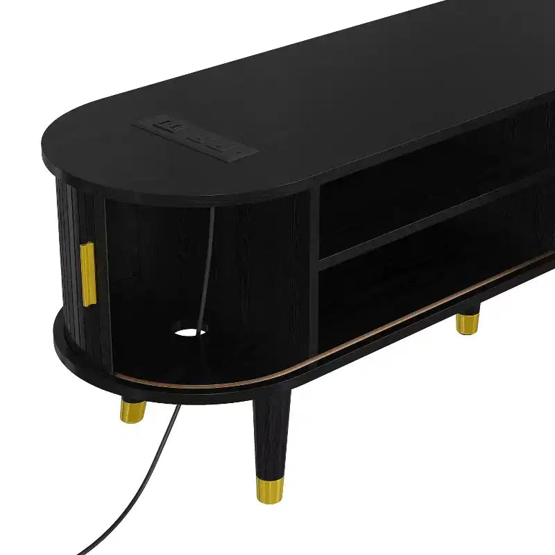 Mueble de TV estilo rústico con mesa de centro para televisores de 80 pulgadas, Mueble de TV acanalado con puerta corredera, Centro de entretenimiento ovalado con patas de madera