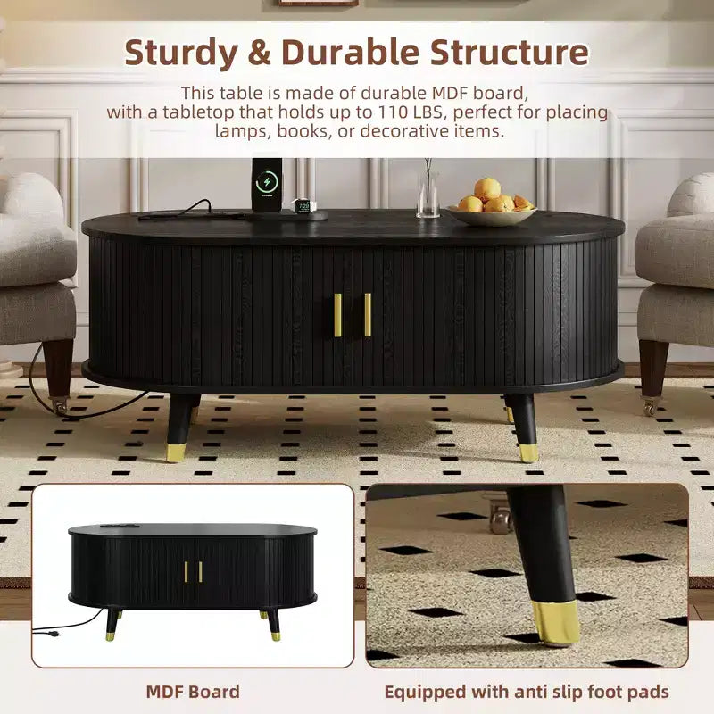 Mueble de TV estilo rústico con mesa de centro para televisores de 80 pulgadas, Mueble de TV acanalado con puerta corredera, Centro de entretenimiento ovalado con patas de madera