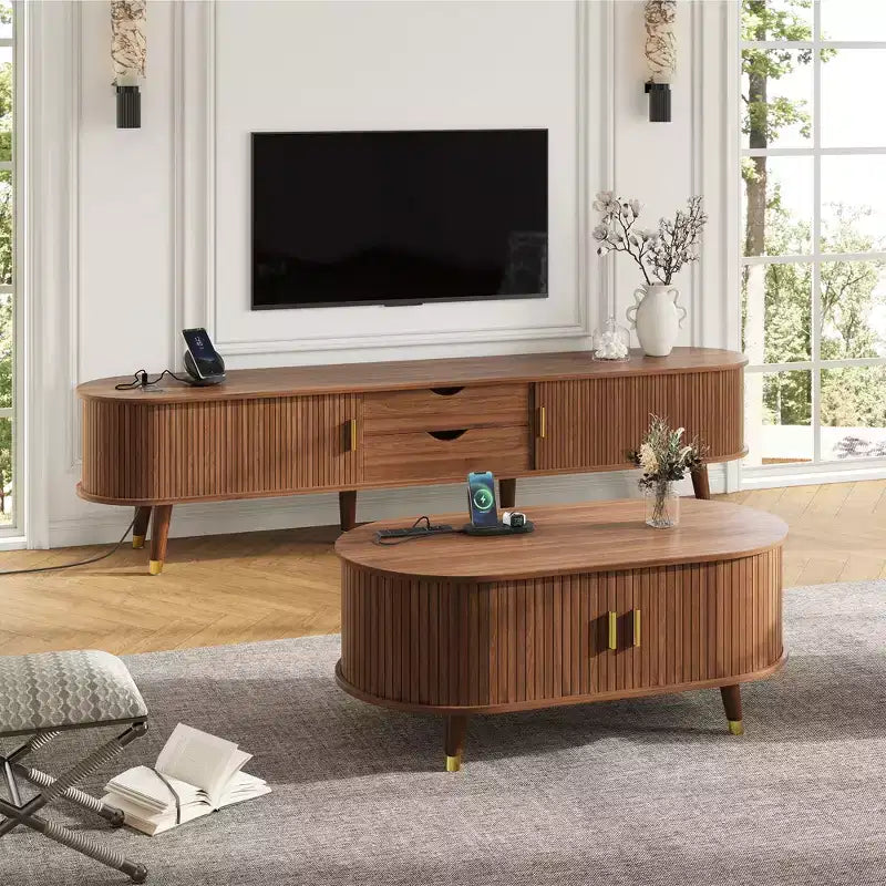 Mueble de TV estilo rústico con mesa de centro para televisores de 80 pulgadas, Mueble de TV acanalado con puerta corredera, Centro de entretenimiento ovalado con patas de madera
