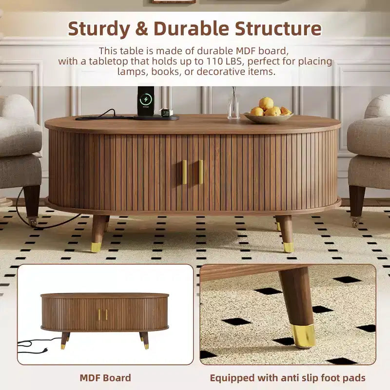 Mueble de TV estilo rústico con mesa de centro para televisores de 80 pulgadas, Mueble de TV acanalado con puerta corredera, Centro de entretenimiento ovalado con patas de madera