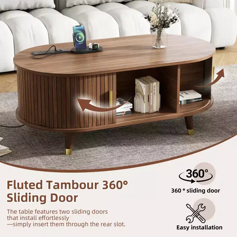 Mueble de TV estilo rústico con mesa de centro para televisores de 80 pulgadas, Mueble de TV acanalado con puerta corredera, Centro de entretenimiento ovalado con patas de madera