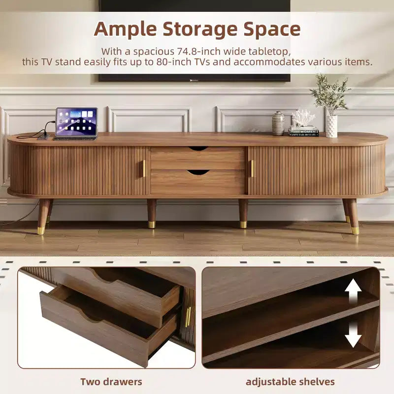 Mueble de TV estilo rústico con mesa de centro para televisores de 80 pulgadas, Mueble de TV acanalado con puerta corredera, Centro de entretenimiento ovalado con patas de madera