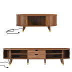 Mueble de TV estilo rústico con mesa de centro para televisores de 80 pulgadas, Mueble de TV acanalado con puerta corredera, Centro de entretenimiento ovalado con patas de madera