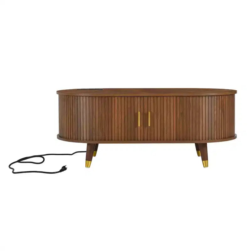 Mueble de TV estilo rústico con mesa de centro para televisores de 80 pulgadas, Mueble de TV acanalado con puerta corredera, Centro de entretenimiento ovalado con patas de madera