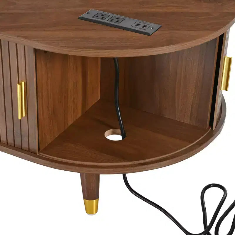 Mueble de TV estilo rústico con mesa de centro para televisores de 80 pulgadas, Mueble de TV acanalado con puerta corredera, Centro de entretenimiento ovalado con patas de madera