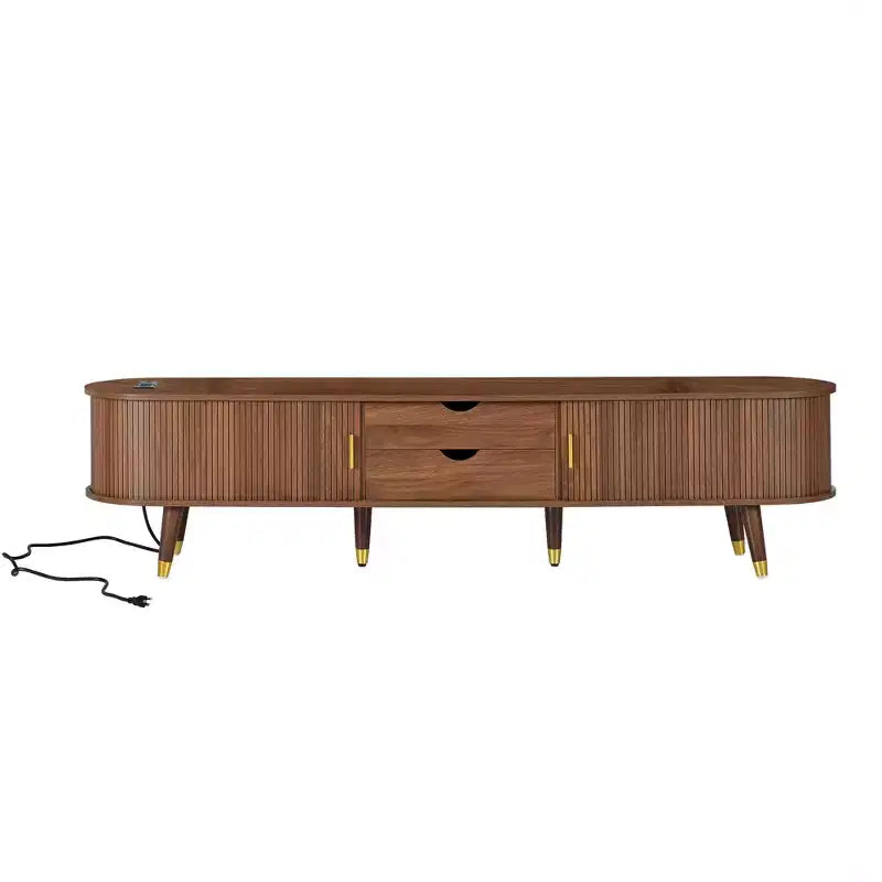 Mueble de TV estilo rústico con mesa de centro para televisores de 80 pulgadas, Mueble de TV acanalado con puerta corredera, Centro de entretenimiento ovalado con patas de madera