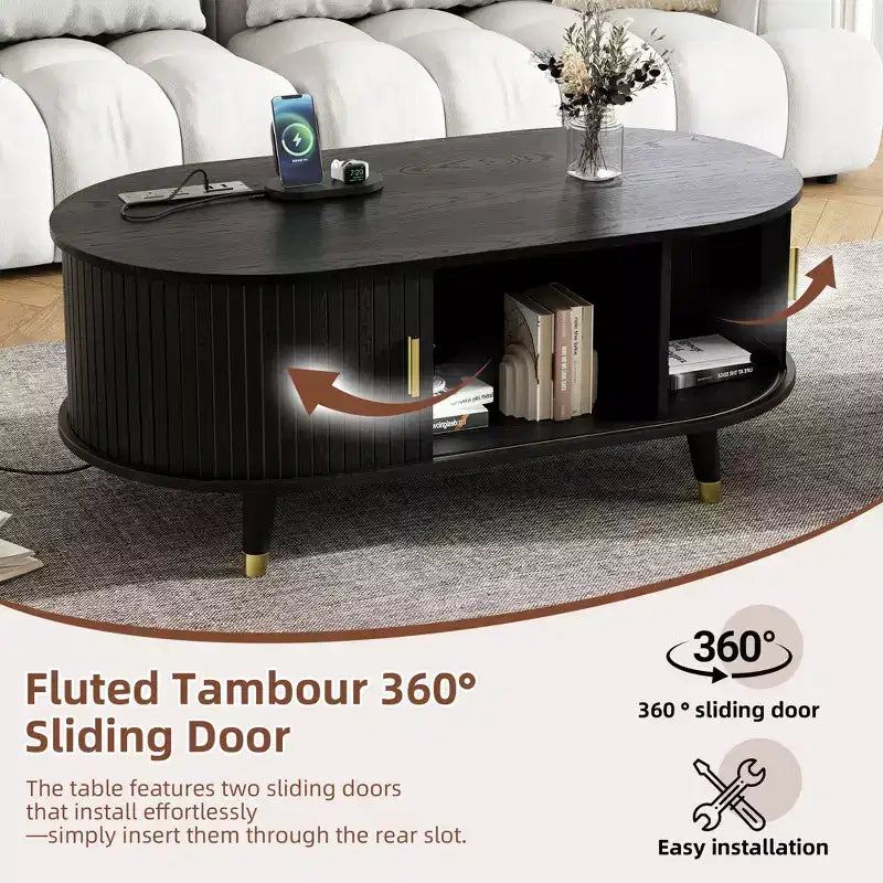 Mueble de TV estilo rústico con mesa de centro para televisores de 80 pulgadas, Mueble de TV acanalado con puerta corredera, Centro de entretenimiento ovalado con patas de madera